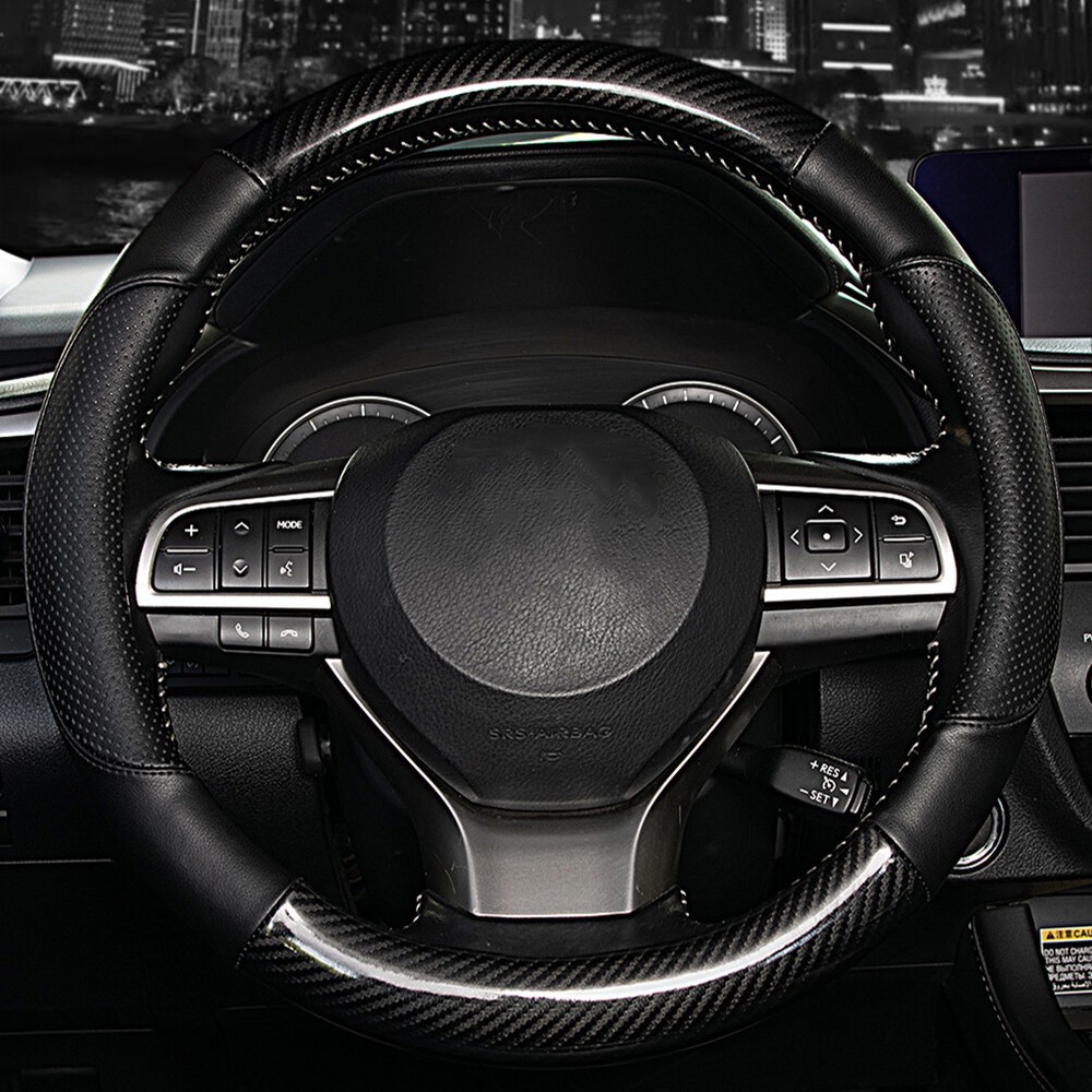 US Black Leather Carbon-Fiber Car Steering Wheel Cover 15'' Anti Slip Breathable