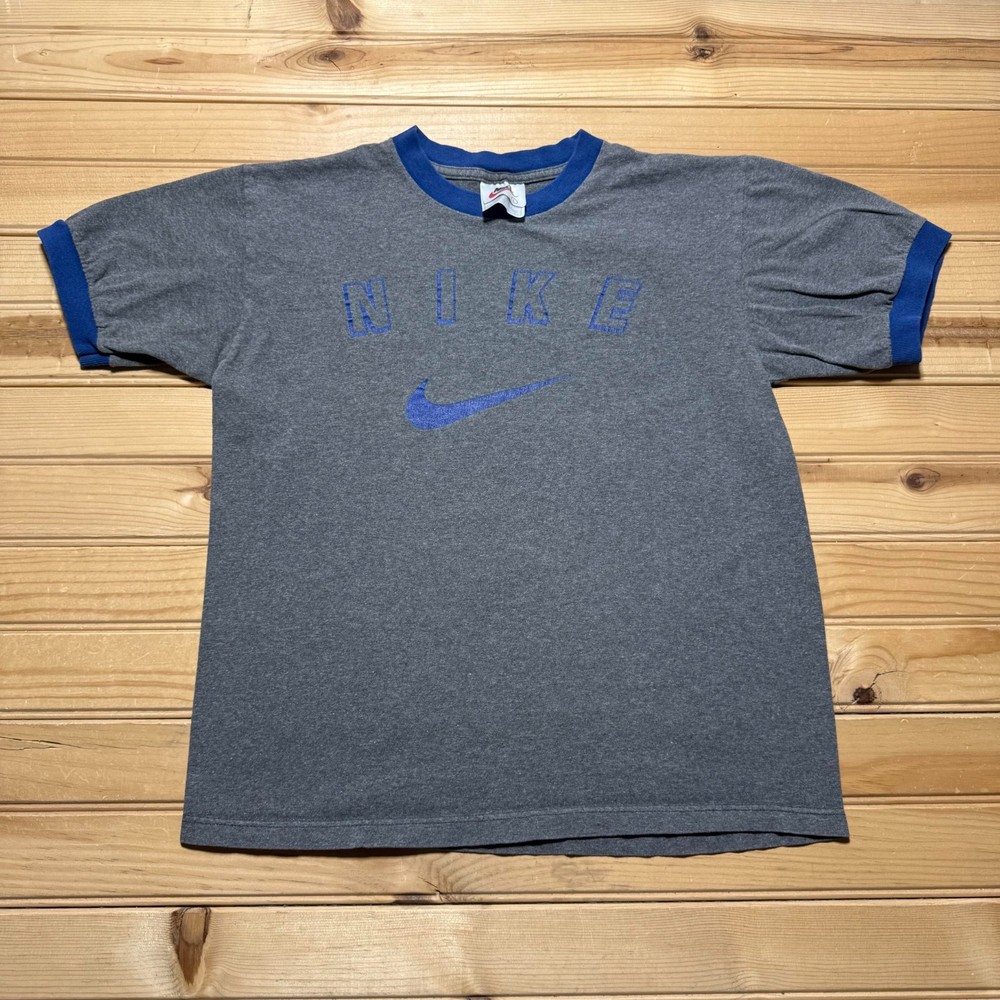 Vintage 90s Nike Center Swoosh Spellout Logo Ringer T-Shirt USA Youth - Large