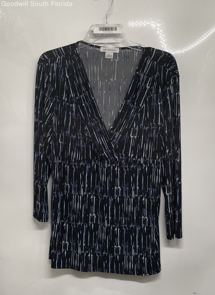 Liz Claiborne Womens Black Abstract Print 3/4 Sleeve V-Neck Blouse Top Size XL