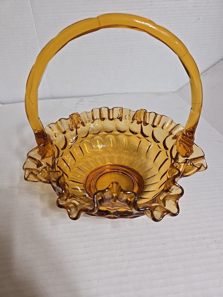 Fenton Style Amber Glass Basket Thumbprint Pattern Ruffled Edge Applied Handle