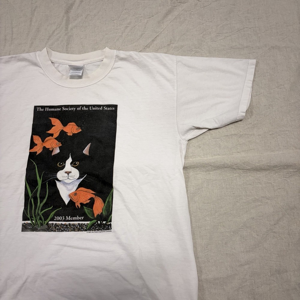Vintage Humane Society Shirt Mens L White Y2K Fish Cat Kitten Animals Tee