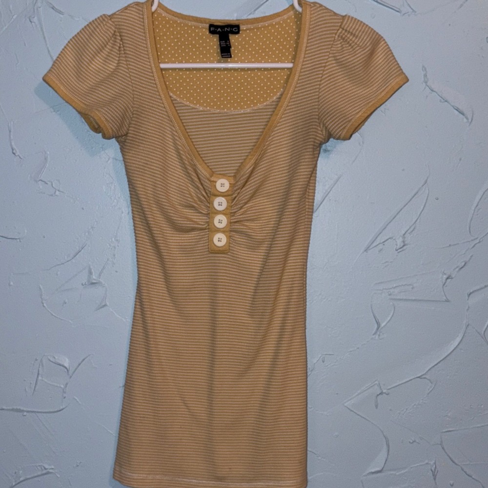 FANG Women’s Tan & White Striped V-Neck Cap Sleeve Knit Button Top Sz S