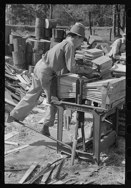 Photo:Jefferson Texas 1939 Boy Packing Shingles Small Mill Lumberyard