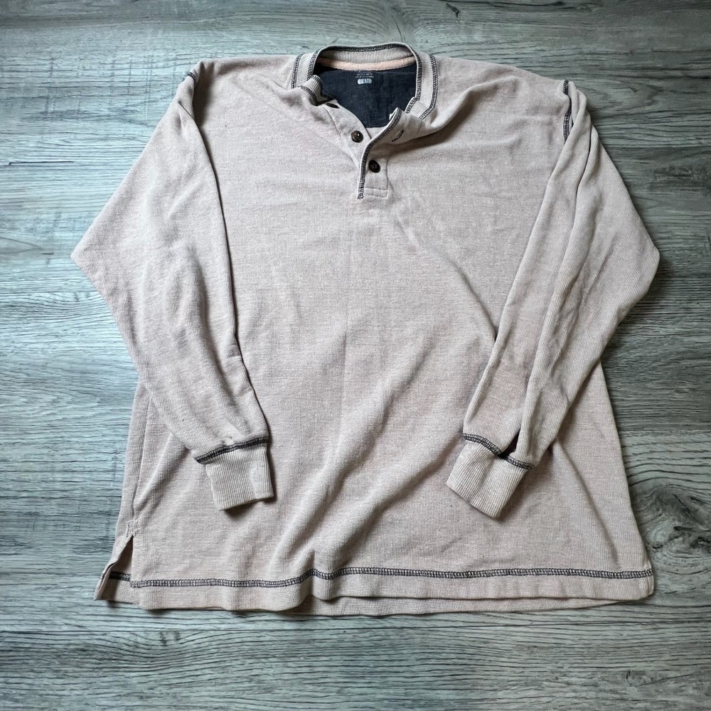 Work n Sport Henley Mens Large Tan Waffle Knit Thermal Long Sleeve Shirt N20