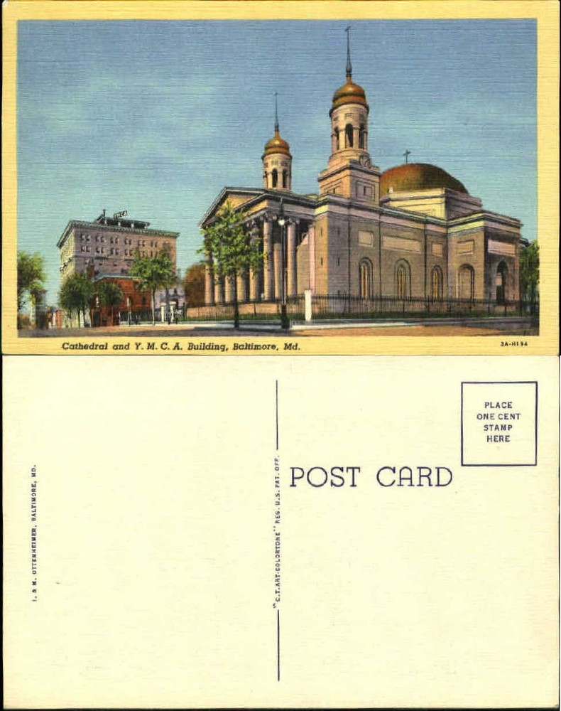 Cathedral and YMCA Baltimore MD unused linen postcard 1940s
