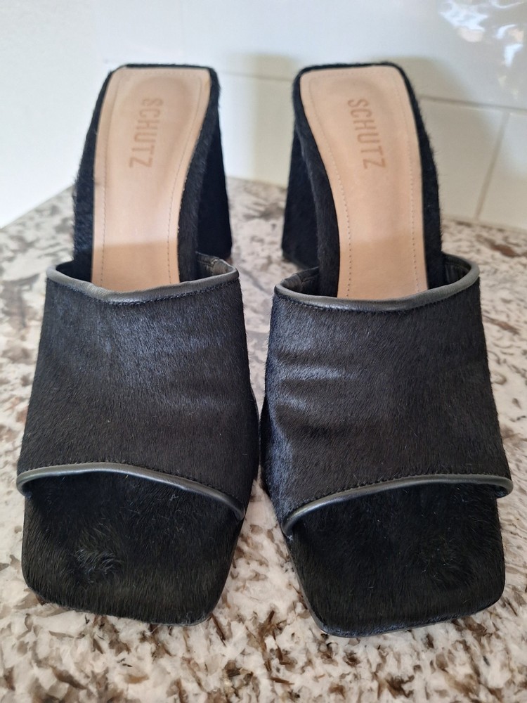 Schutz Black Women's Fur Leather Shoes Sandals Size 9.5 B
