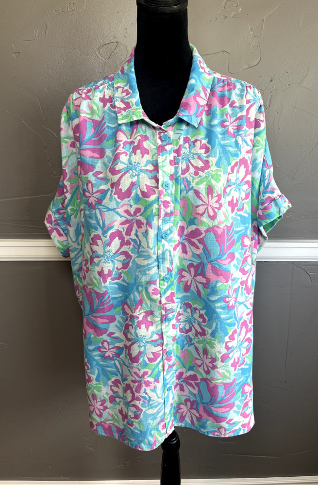 Time and Tru Top Women's Size 3X Short Sleeve Floral Button-up Linen Modal