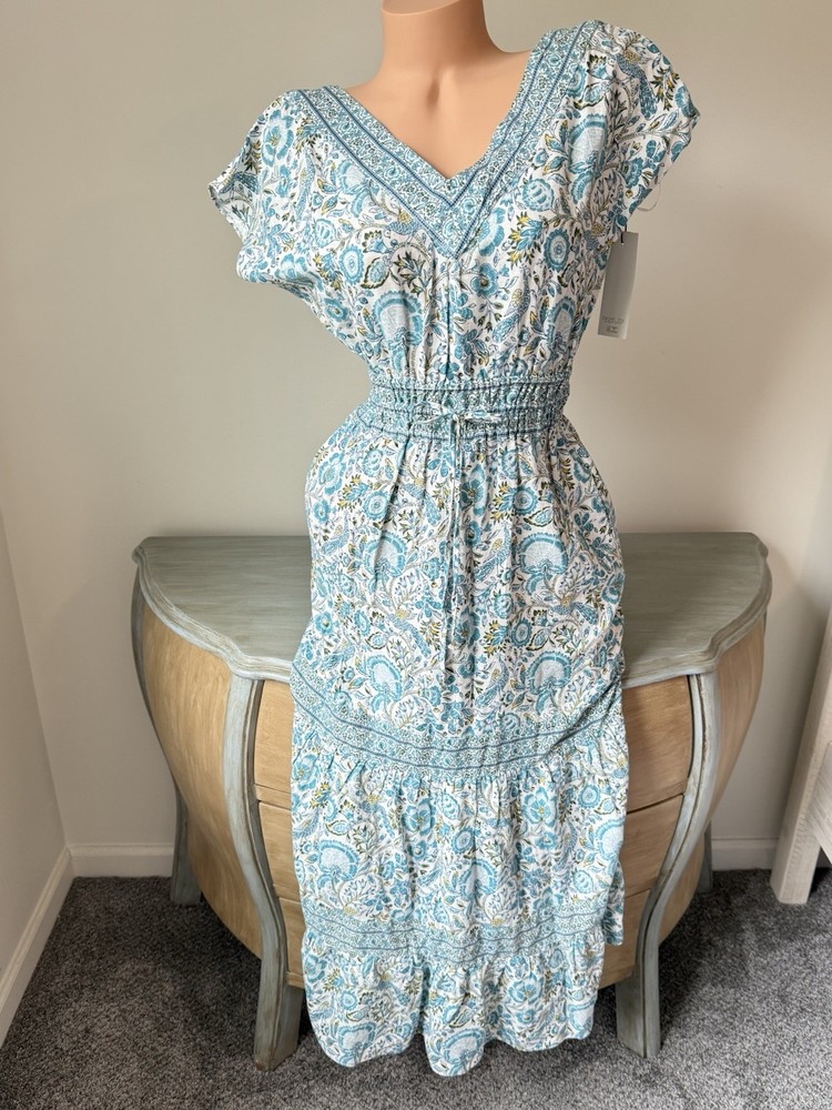 Rachel Zoe Linen Maxi Dress XS 2 Boho Teal V Soft Tiered Floral Romantic Pockets