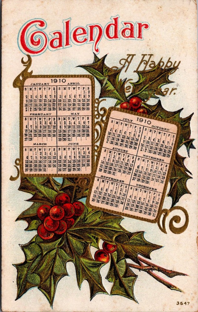 1910 Calendar New Year Holly Berries Embossed Postcard Rochester NY Postmark