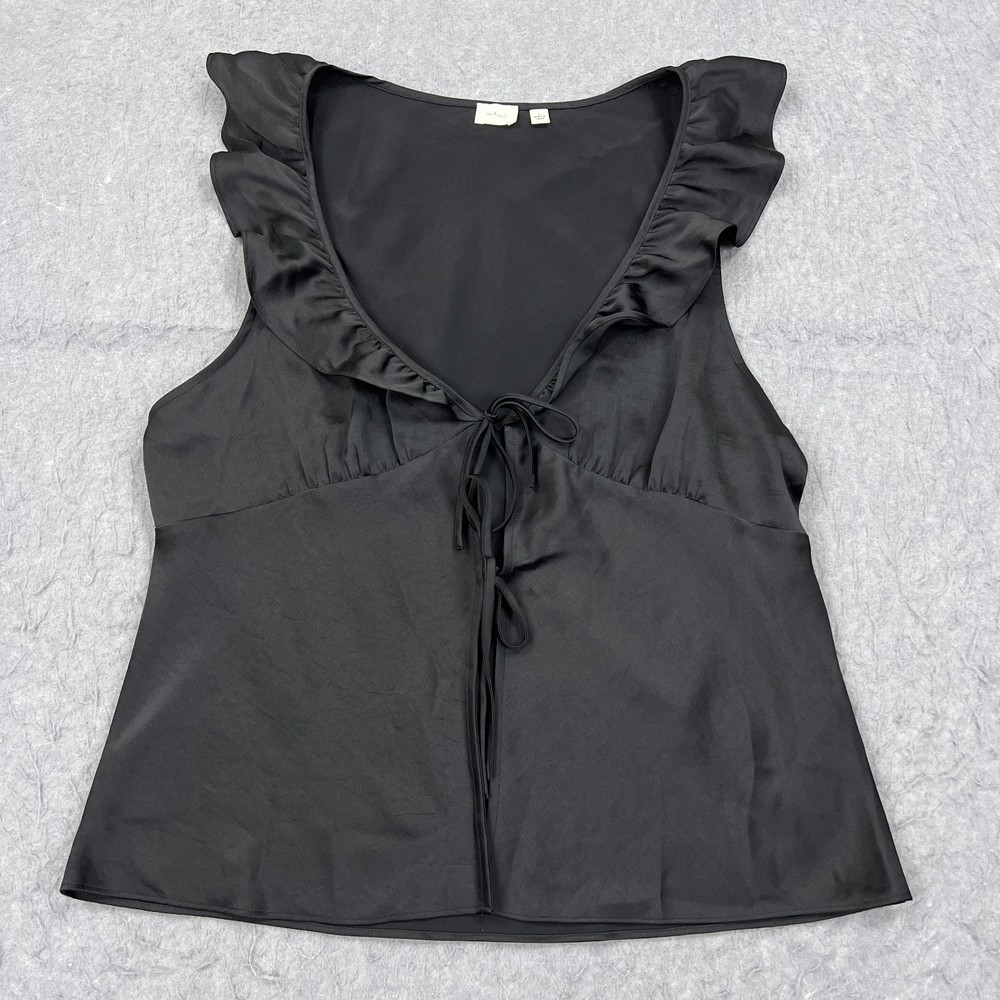 Wilfred Aritzia Tonka Satin Blouse Womens Large Black VNeck Front Tie Ruffle Top