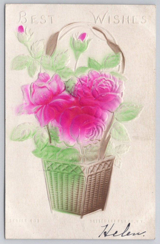 1907 Embossed Pink Roses Basket 