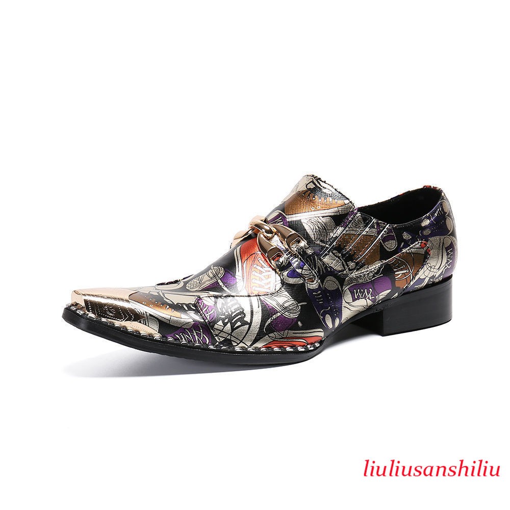 Mens Metal Pointy Toe Real Leather Printed Shoes Slip on Casual Business