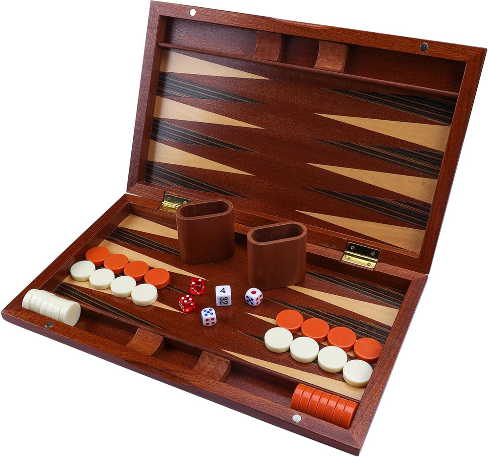 Brown Wooden Backgammon Set - 15 Inches Folding Classic Board Game for Adults an