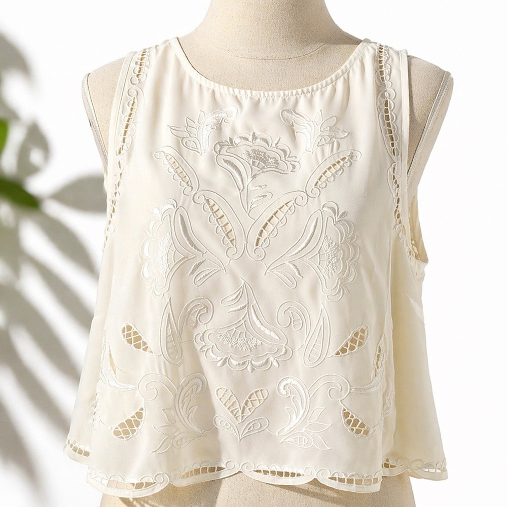 Ivory Sheer Embroidered Lace Blouse Open Back Boho Festival Top M