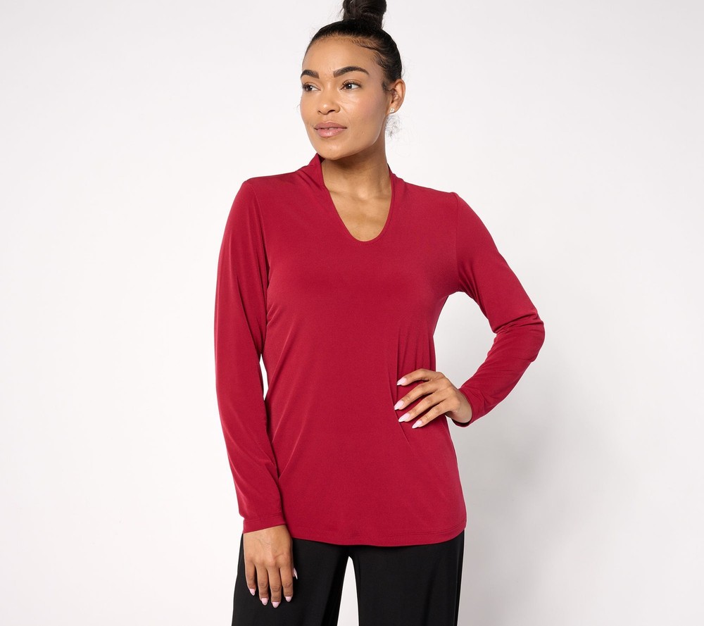 Susan Graver Women's Top Sz L Essentials Liquid Knit Voop Neck Red A672463