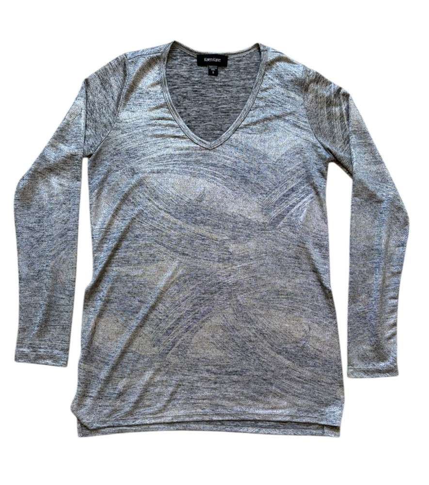 Karen Kane Shirt Women Small Grey Metallic Long Sleeve Shimmer Cowl Neck  Sz S