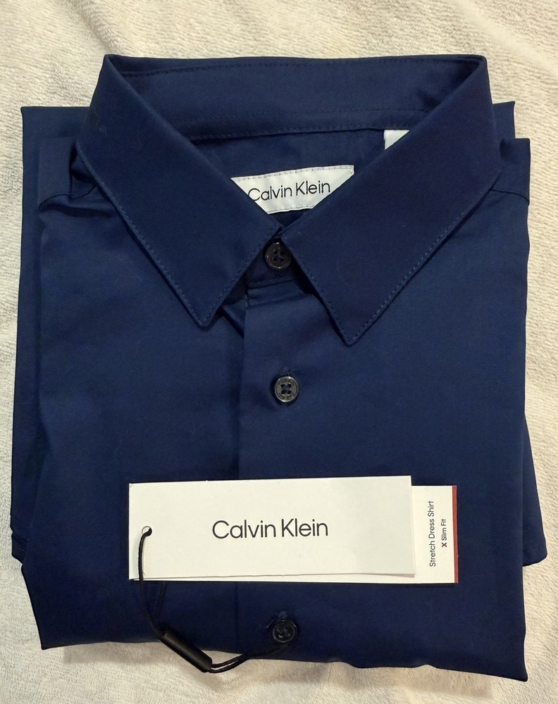 NEW Calvin Klein Navy Button Down Shirt Size 16 Boys Slim Fit