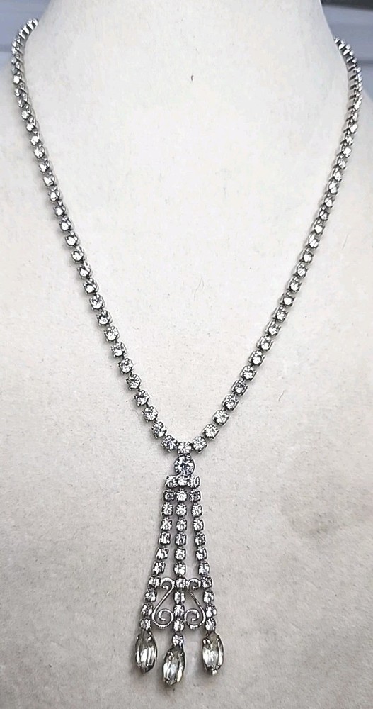 Vintage Clear Rhinestone Silver Tone Choker Necklace 17