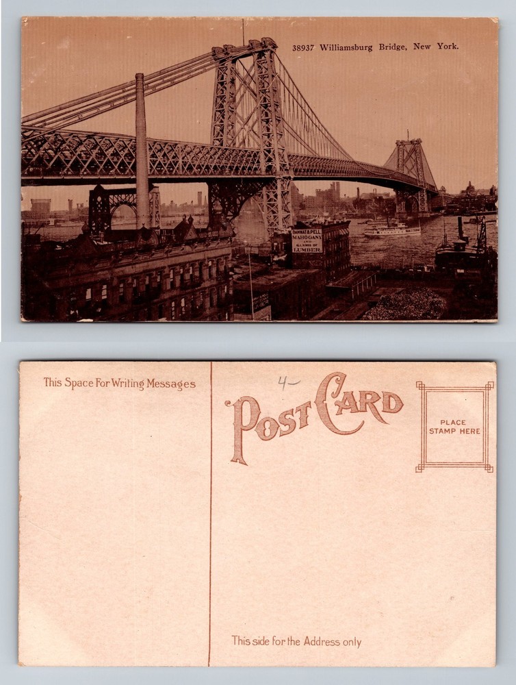 Williamsburg Bridge, NY-New York, Waterfront River Scene Vintage Postcard