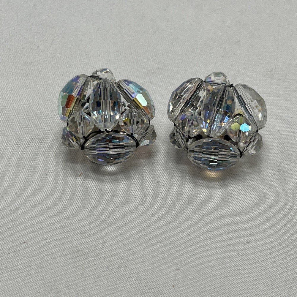 Vintage Aurora Borealis Crystal Cluster Clip On Earrings Iridescent Beads, 3/4
