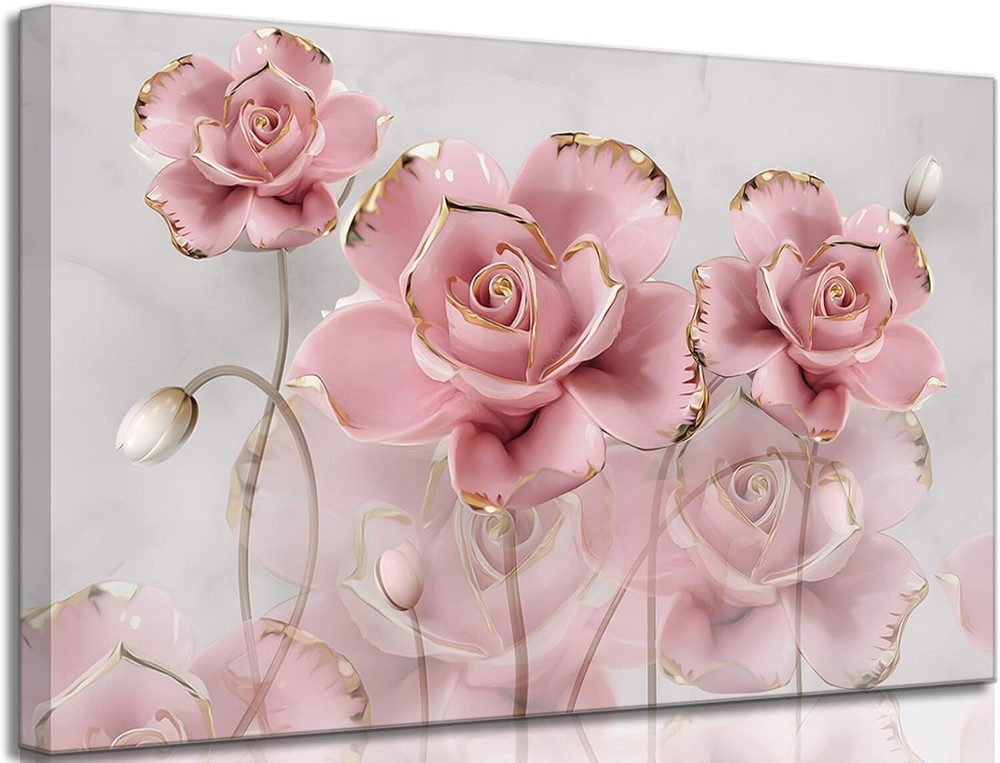 Modern Delicate Pink Gold Roses Canvas Wall art 16x24in-Canvas, Rose