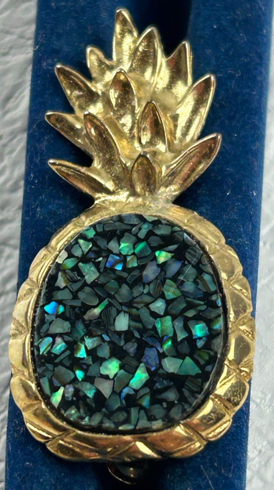 Vintage Pineapple Brooch Gold Tone Abalone Shell Inlay Tropical Fruit Pin