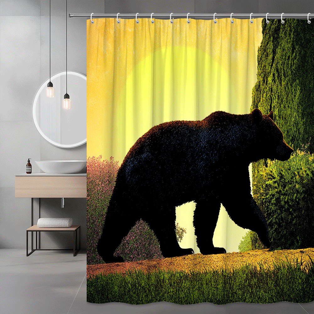Bear Silhouette Shower Curtain Forest Sunset Graphic