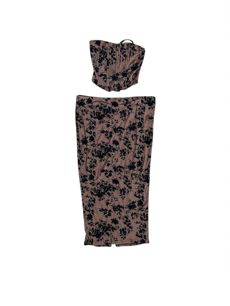 Fashion Nova Taupe and Black Floral Two-Piece Corset Top and Skirt Size Medium