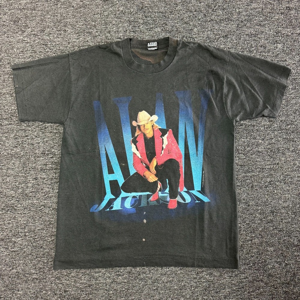 Vintage 90s Alan Jackson Who I Am Tour Band T-Shirt Sz L Sun Faded Black