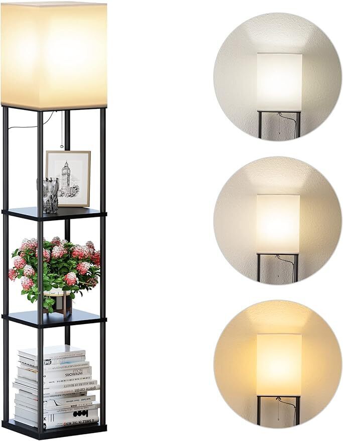 Modern Square Floor Lamp with Shelves & 3-Color Temperature Bulb