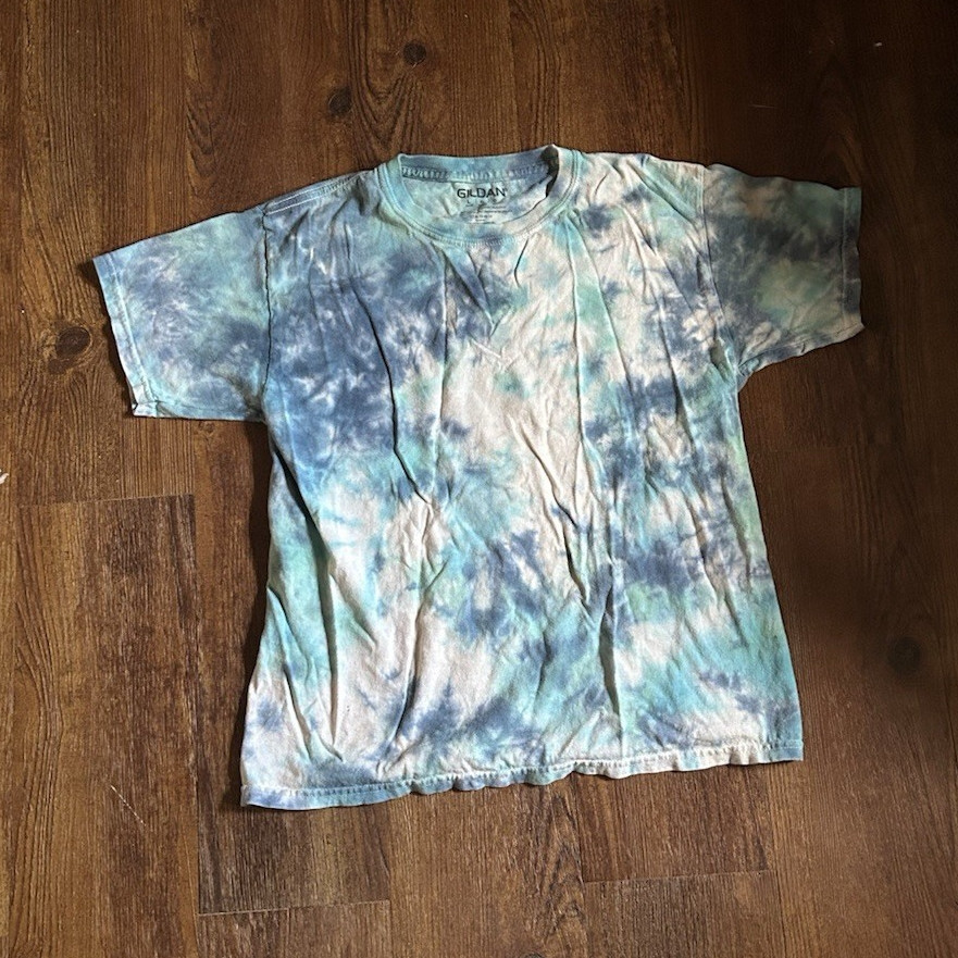 Gildan Men's Tie-Dye Blue Green Cotton Short Sleeve T-Shirt Size L