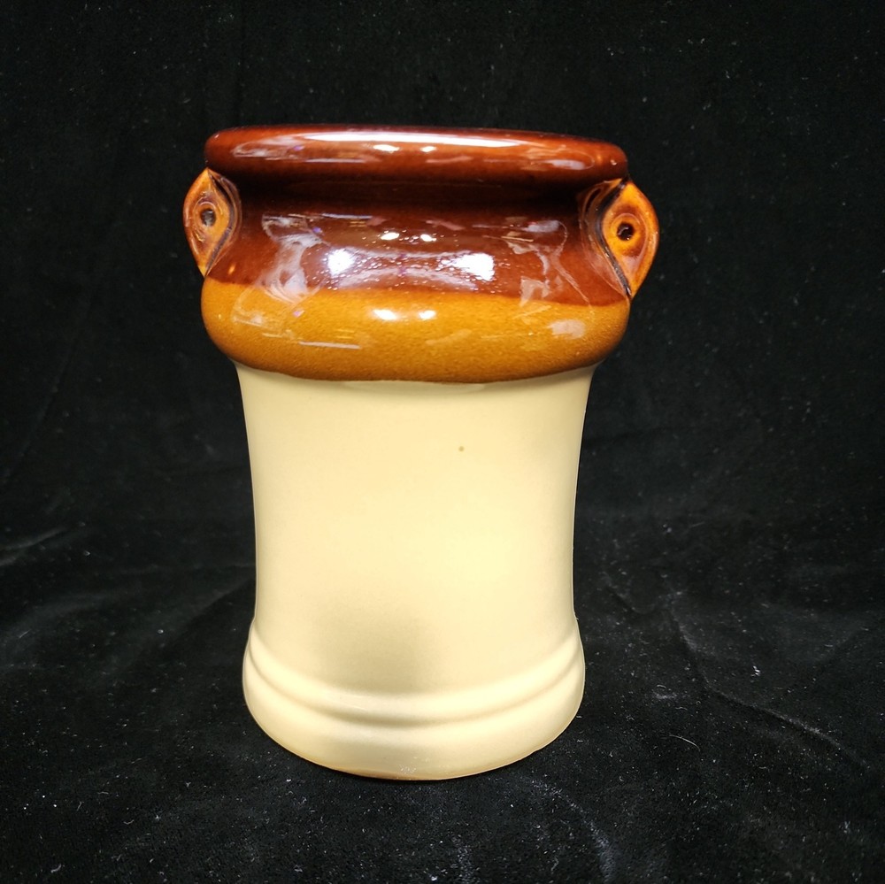Vintage Ceramic Utensil Crock Beige & Brown Two Tone Glazed Made In Taiwan 5 3/4
