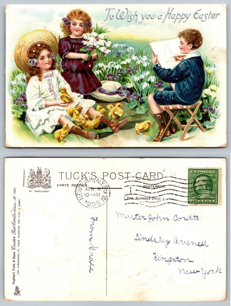 1909 Raphael Tuck Easter Postcard Children Chicks Flowers Embossed Saxony