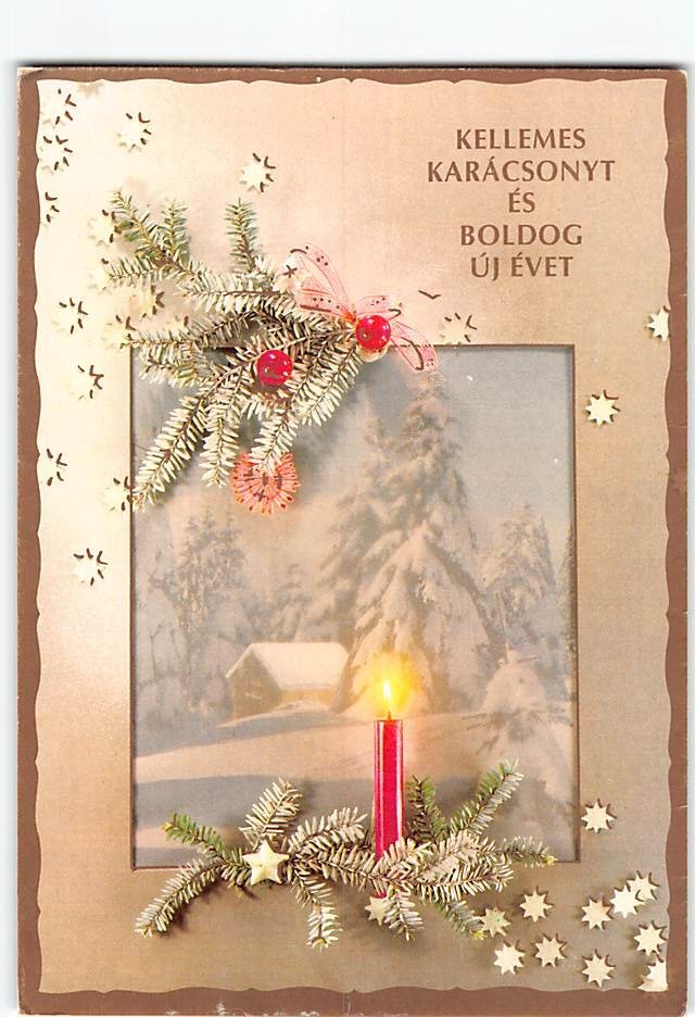 Postcard Merry Christmas and a Happy New Year Winter Landscape & Candle