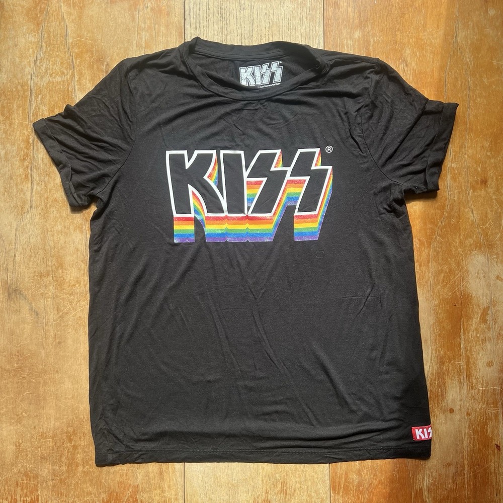 KISS Band T Shirt Women’s Black Rainbow Logo Pride Graphic Tee Rock Official
