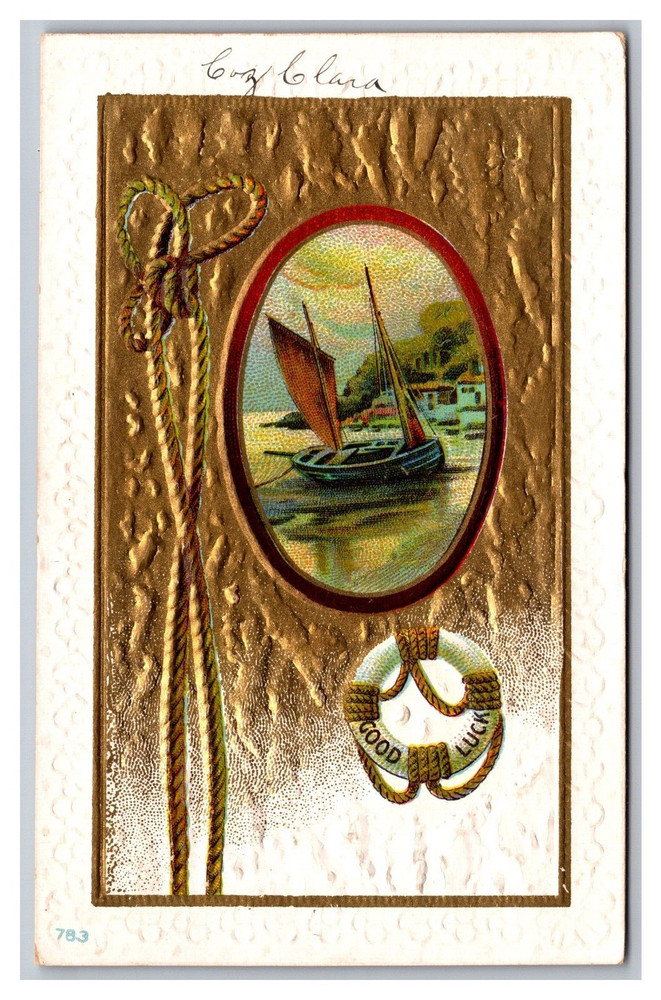 Good Luck Sailboat Embossed Divided Back Postcard Posted Glencoe PA 1910