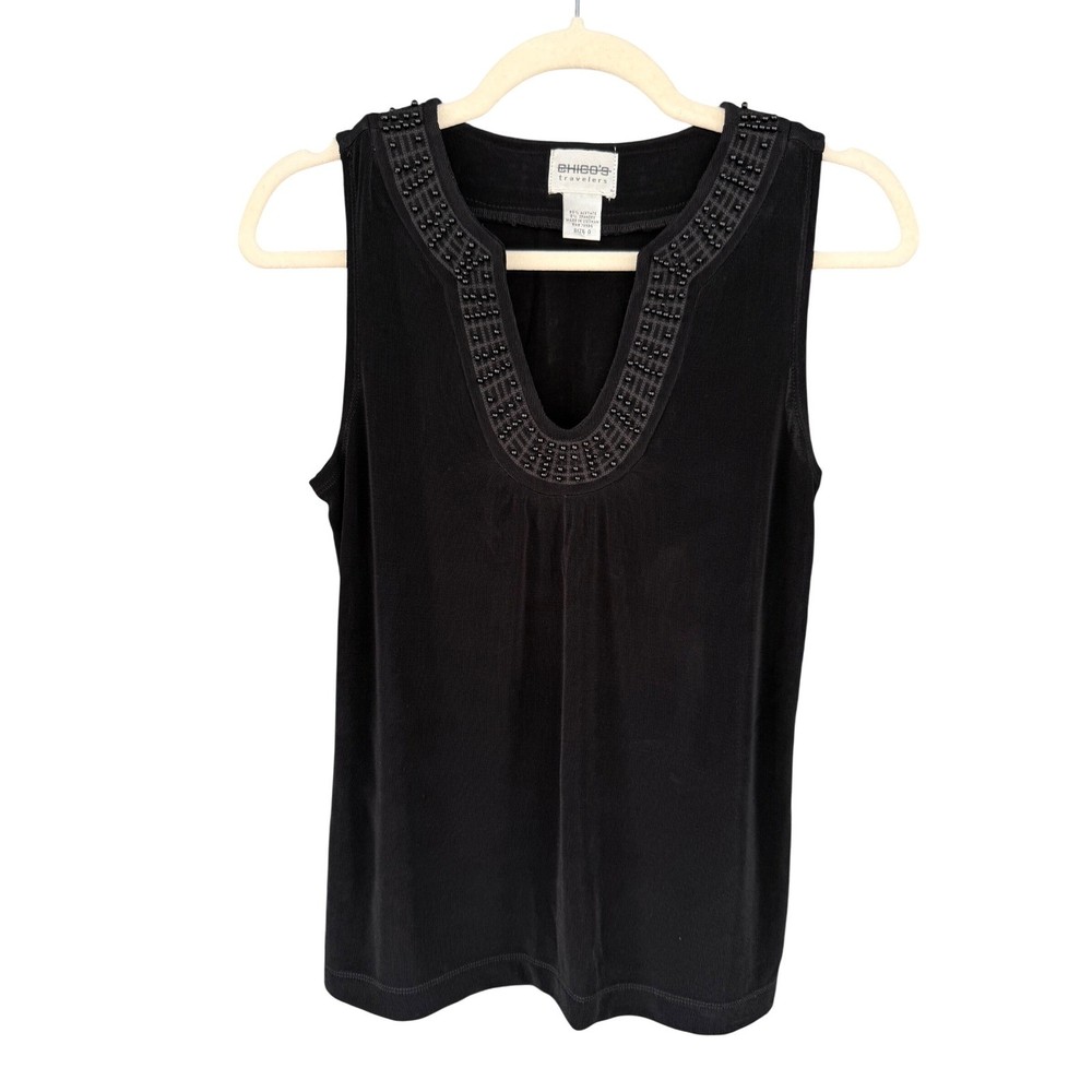 Chico's Travelers Tank Top Beaded V-Neck Sleeveless Blouse Black Size 0