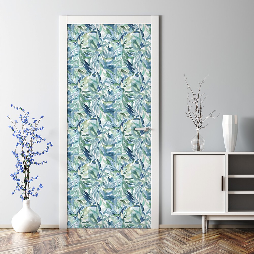 Blue floral Renters Pastel Leaves Pattern Self Adhesive Door Decal Decor