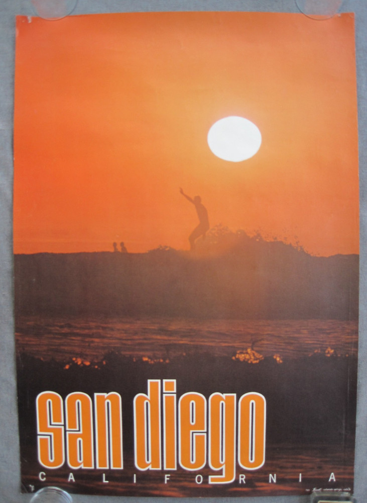VINTAGE 1970s SAN DIEGO, CALIFORNIA LOOART TRAVEL POSTER w SURFER USED 21 x 30