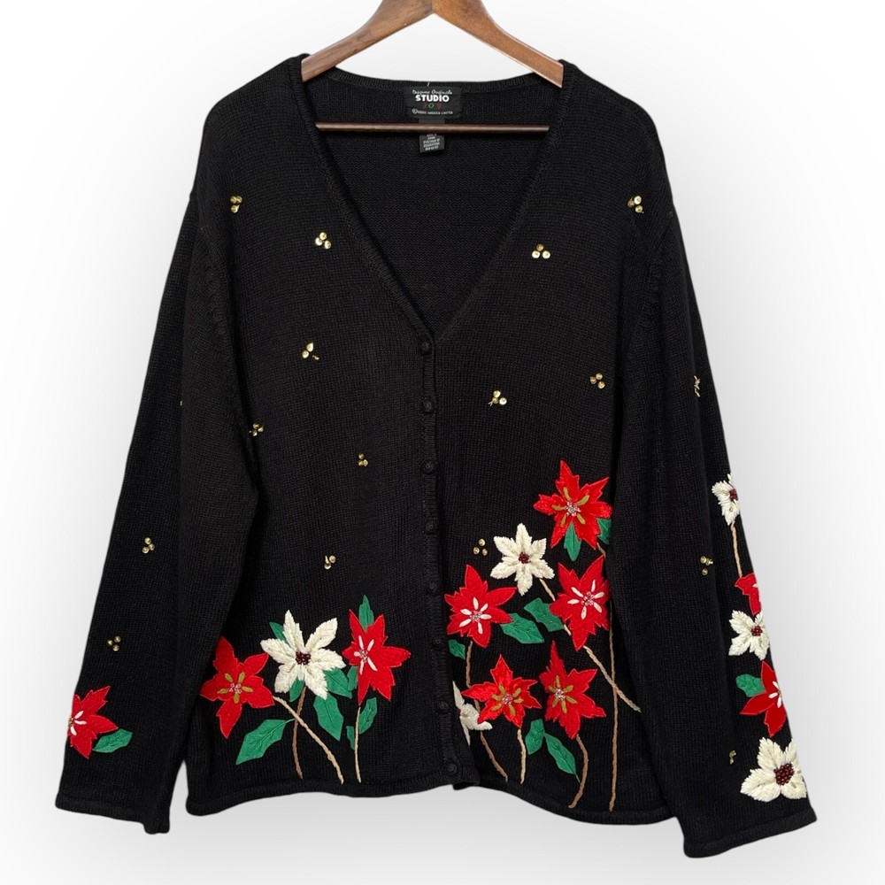 Studio Joy Black Floral Sequin Cardigan for Women Size 3X Button Front