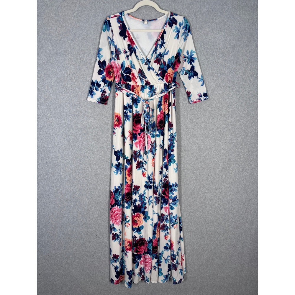 PinkBlush Maternity Wrap Maxi Dress Medium Floral Tie Belt Stretch Feminine
