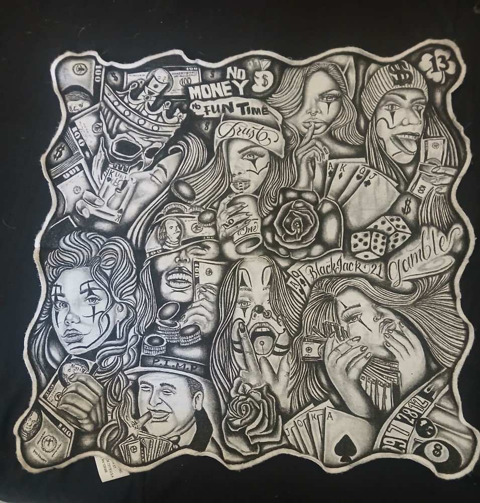 Prison art drawings done on a white cloth with pen cloth size is 16in by 16in.