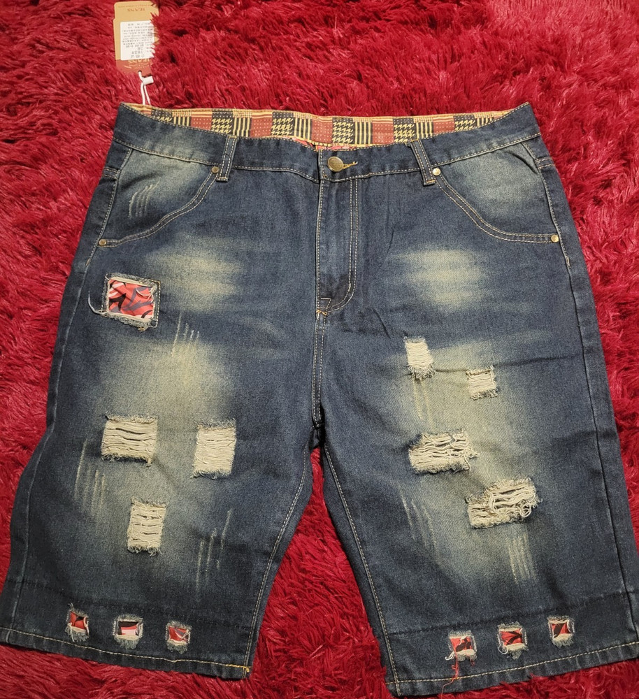 Jeans Distressed Denim Bermuda Shorts Blue Medium Wash Men's 5-Pocket Zip