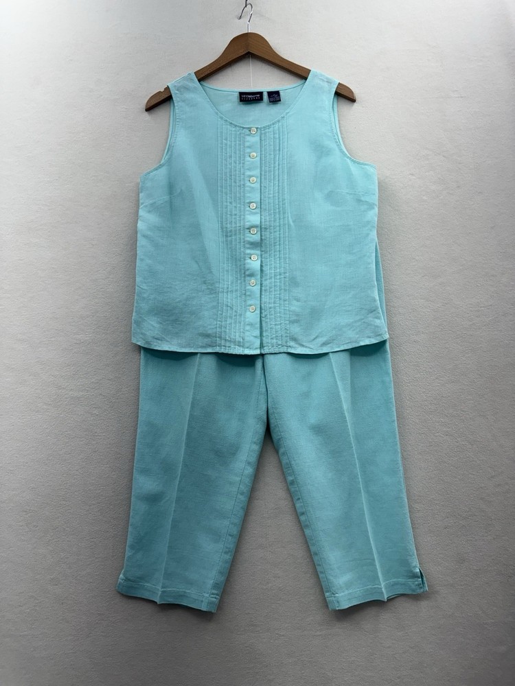 Liz Claiborne Women’s 12 Blue Linen Sleeveless 2 Pc Blouse Pants Set