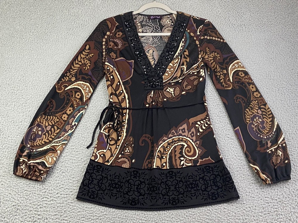 Hale Bob 100% Silk Paisley Bohemian Tunic Top Jeweled Velvet Burnout Relaxed XS