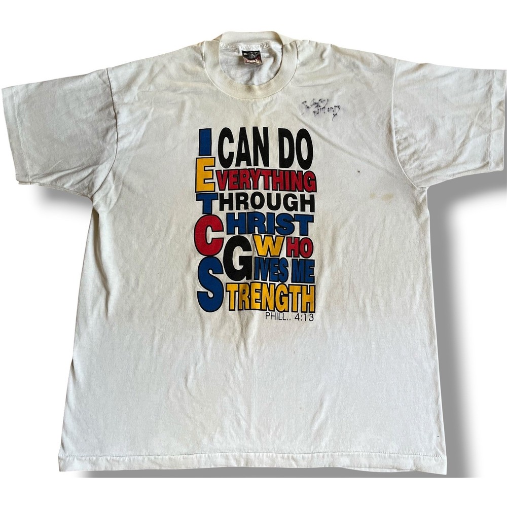 Vintage Fruit of the Loom Philippians 4:13 Bible Verse T-Shirt XL White 90s Best