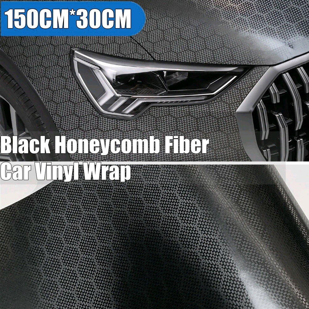 Black Honeycomb Fiber Car Vinyl Wrap Decal Sticker Film Molding Trims 30*150cm