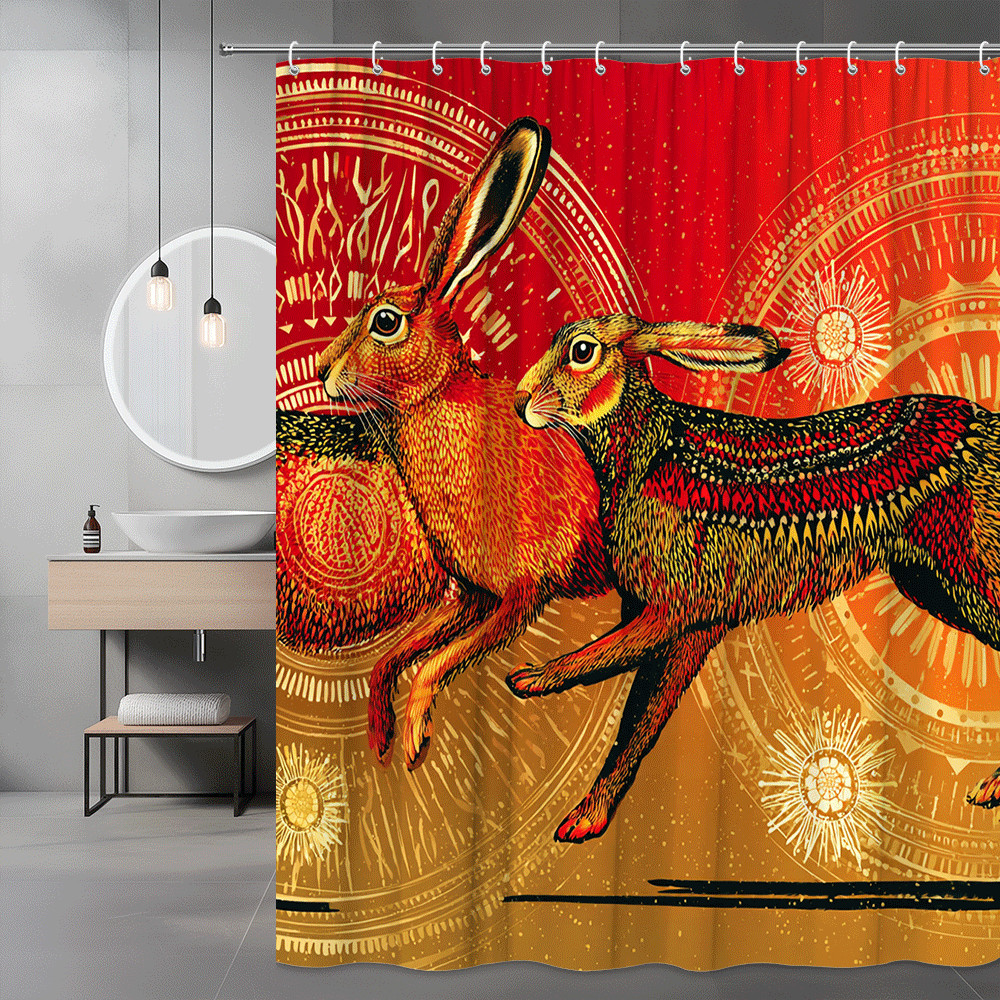 Rabbit Graphic Shower Curtain Red Orange Abstract Print