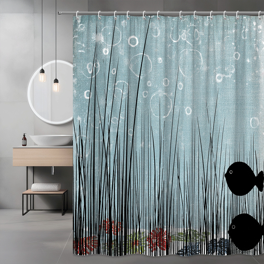 Fish Shower Curtain, Blue Abstract Ocean Print