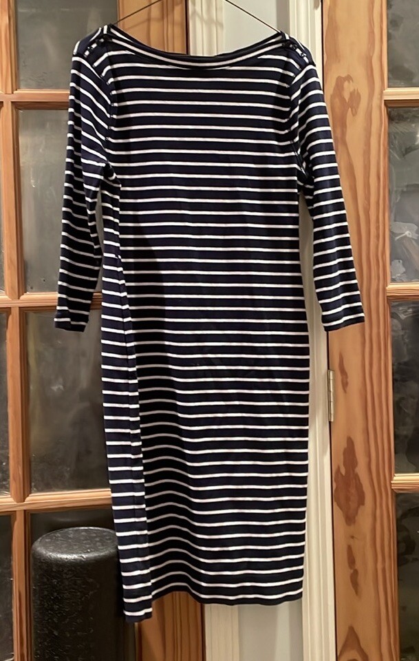 Ralph Lauren Women's 100% Cotton Navy/White Midi Striped Dress Knitted Sz Small